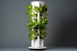 Column or tower vertical garden with lettuce growing from ports set on the entire height