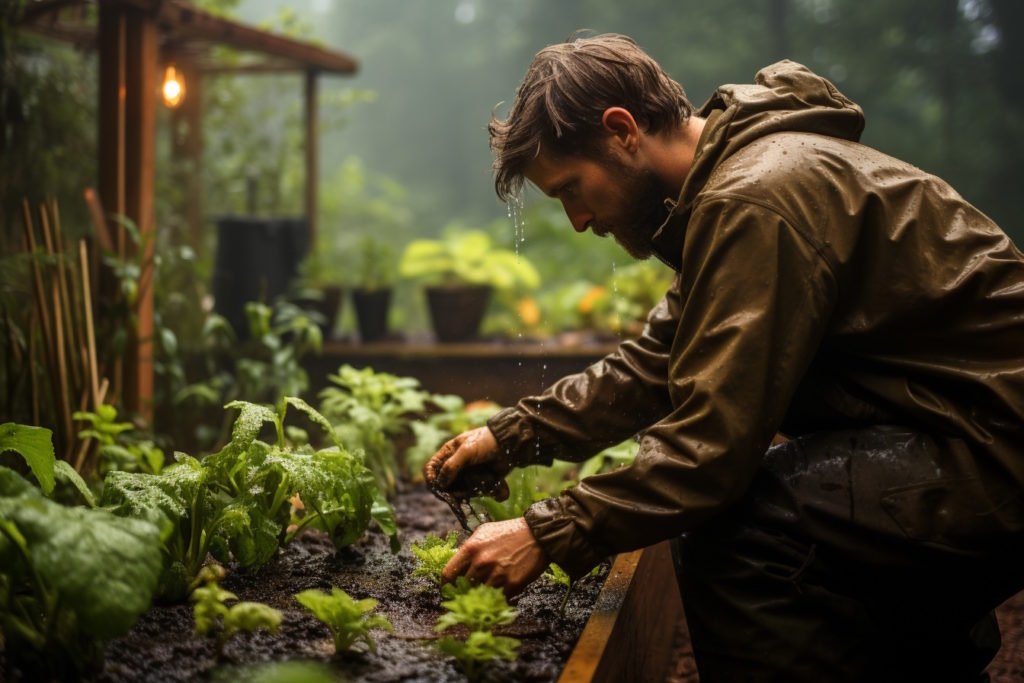 Man tending outdoor raised bed garden in the rain