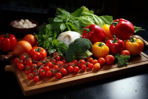 Variety of Herbs and Vegetables on a Cutting Board
