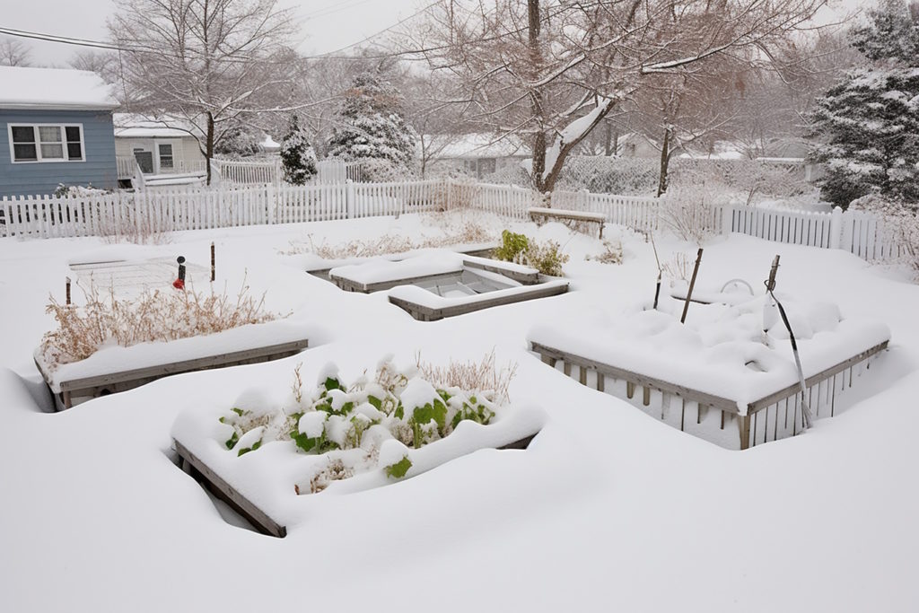 Back yard with raised bed gardens covered in snow.