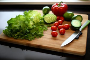 Tomatoes, cucumbers, lettuce, and herbs on a wood cutting board with a knife