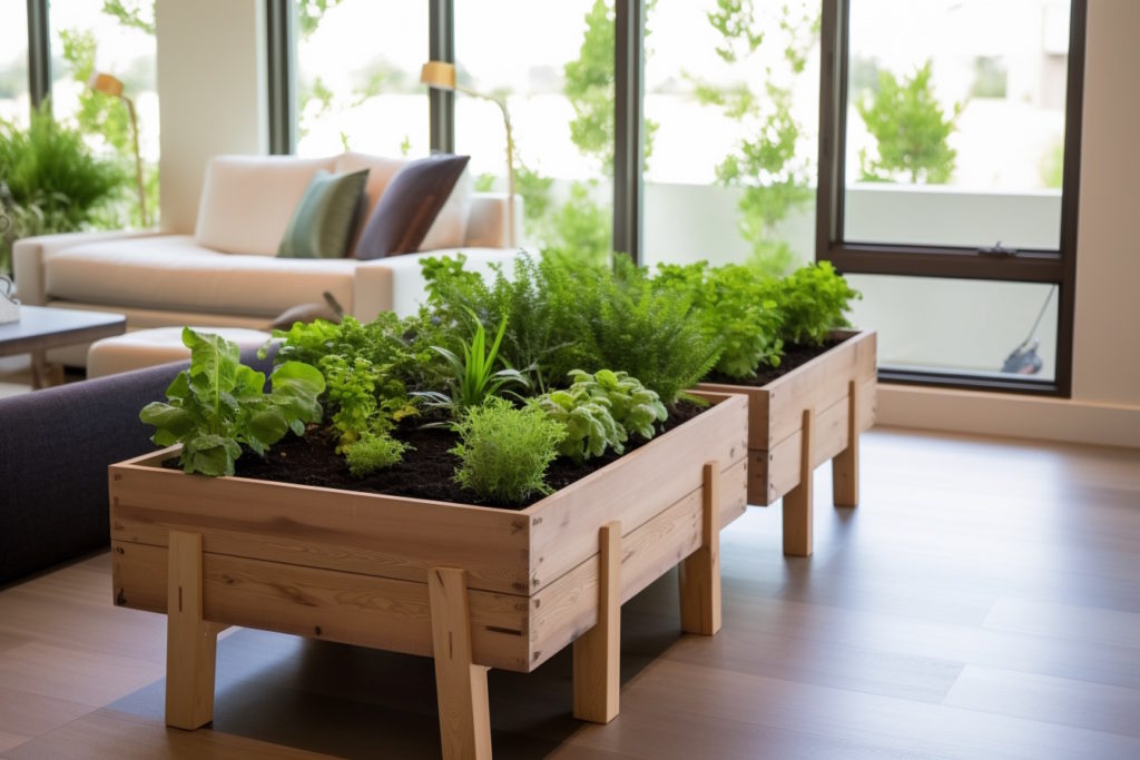 Raised bed garden positioned in middle of living room