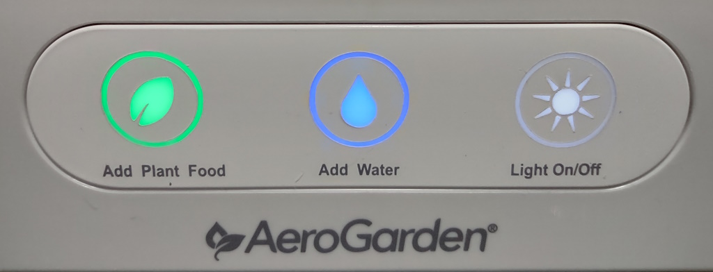 AeroGarden Harvest control panel, illuminated
