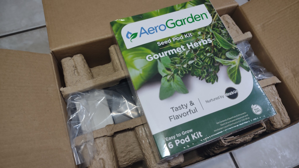 View of the box for the AeroGarden Gourmet Herbs 6 Pod Kit included with the AeroGarden Harvest