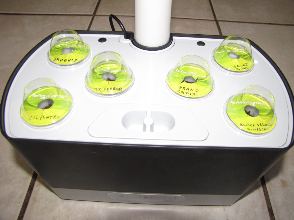 AeroGarden Harvest with seed pods seated and ready to grow food