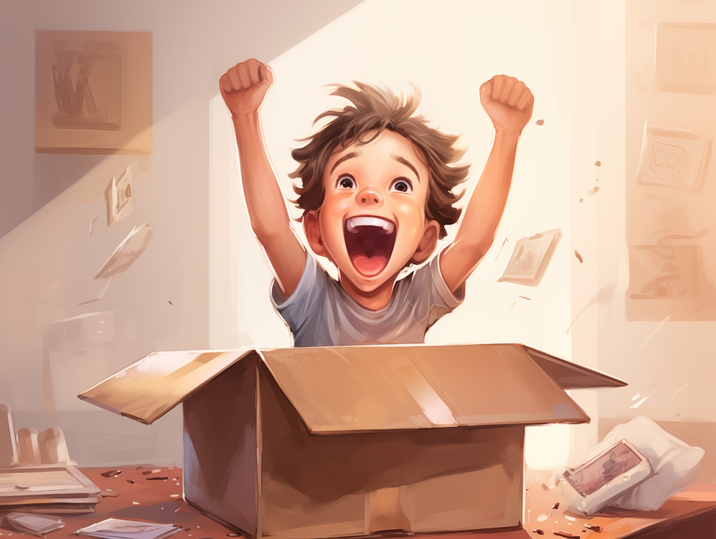 Cartoon image of young boy excitedly opening a cardboard box