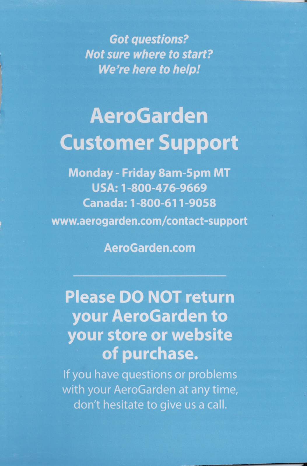 Inside flap of AeroGarden Harvest box providing customer support contact information