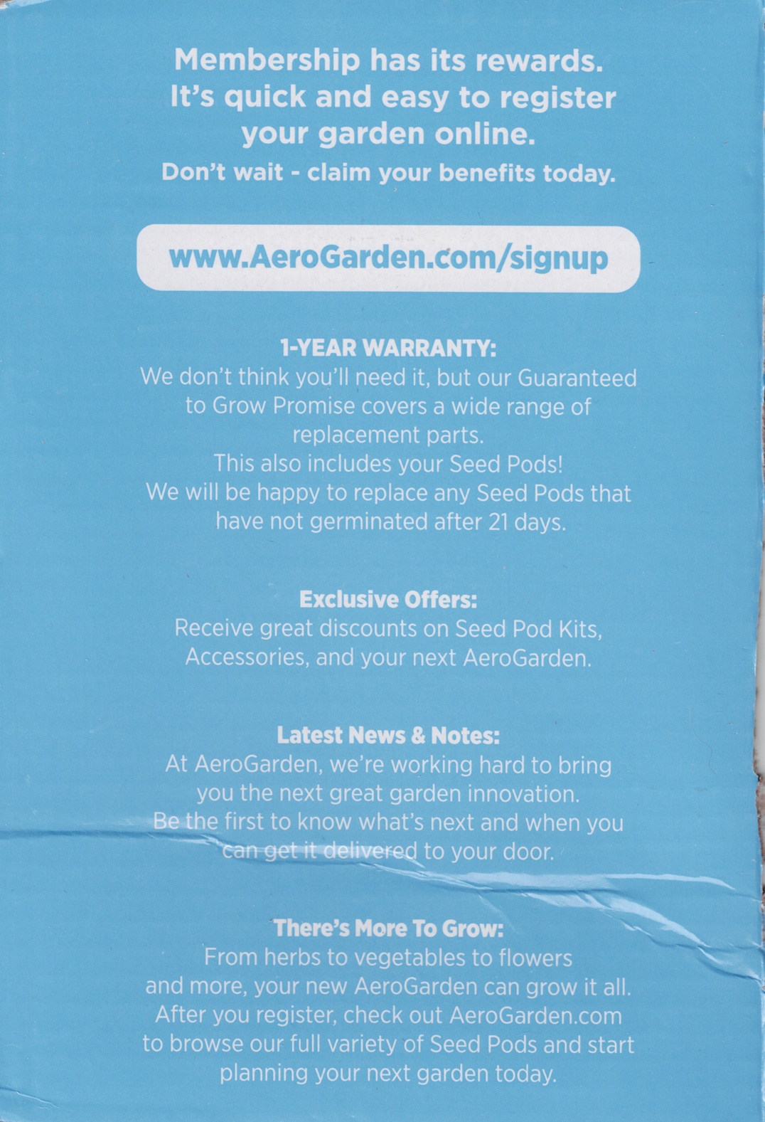 Inside flap of AeroGarden Harvest box detailing the warranty and web site membership