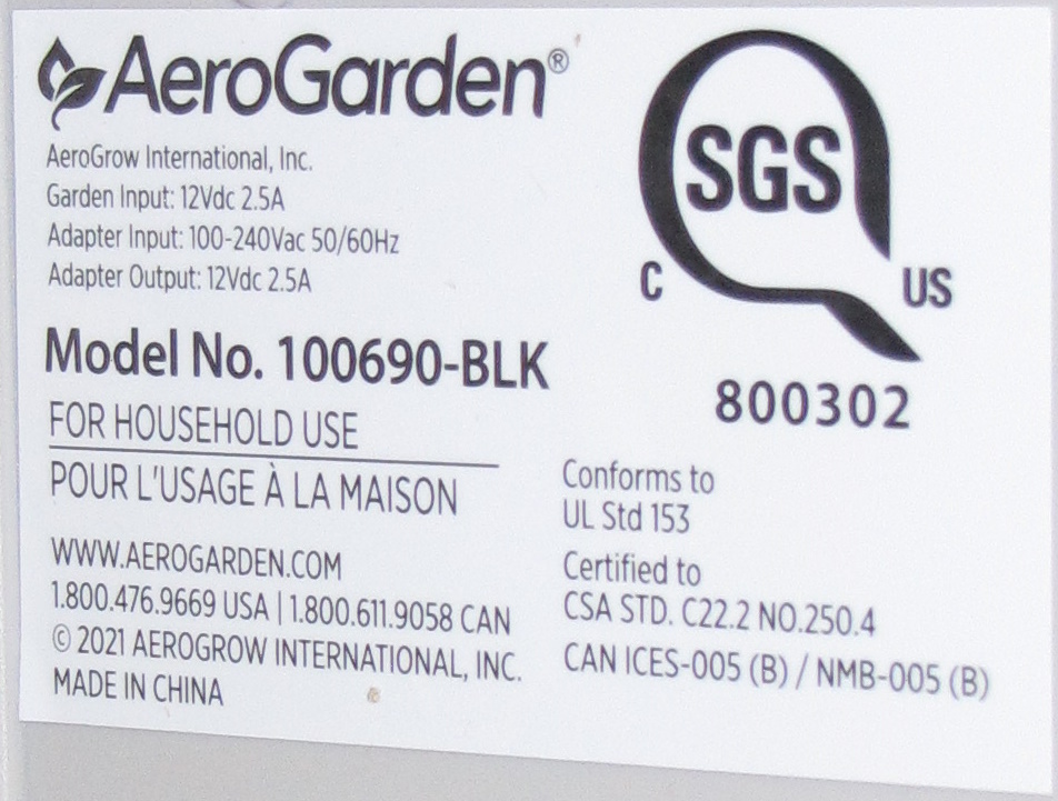 Close-up of the label on the underside of the AeroGarden Harvest base