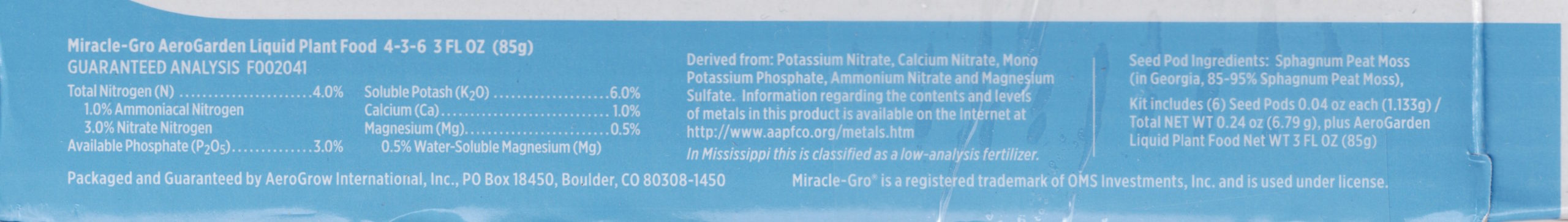 View of the disclosure section of the AeroGarden Harvest box