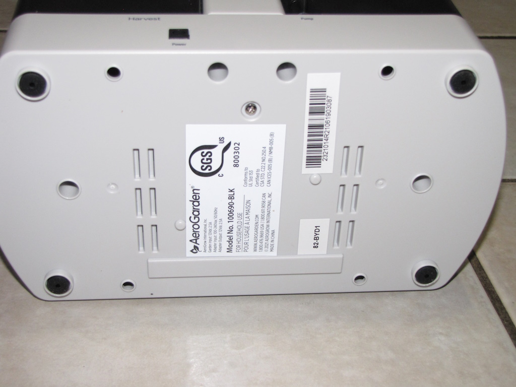 Underside of the base of the AeroGarden Harvest