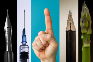 Collage of tips: pen, needle, finger, pencil, and asparagus