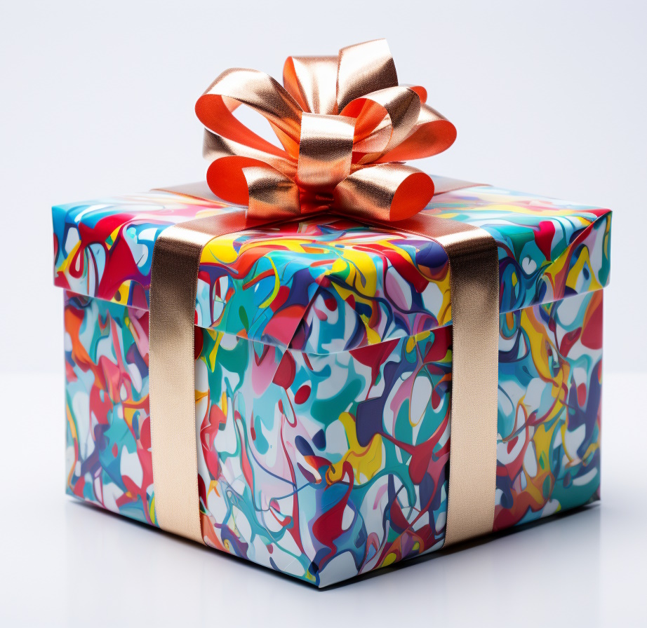 Box wrapped in colorful paper with bow