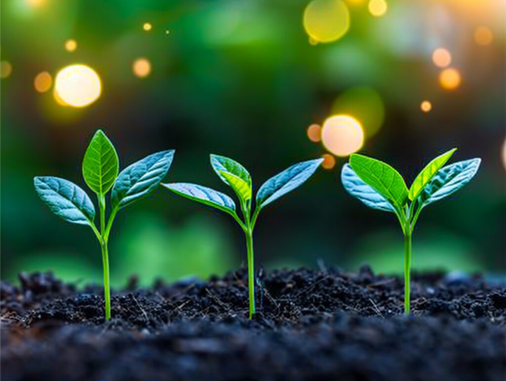 Three seedlings growing in rich soil