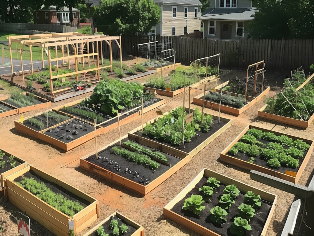 Large suburban back yard outfitted with a couple dozen raised bed gardens that have a variety of plants growing in them.