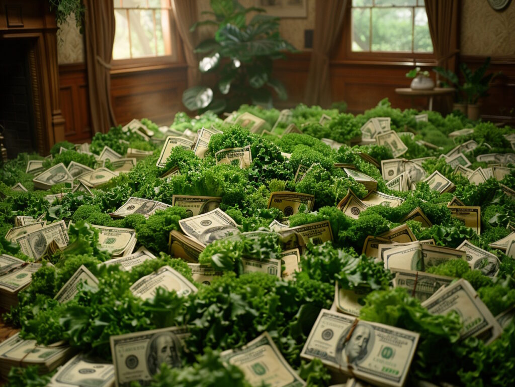 Large indoor garden of lettuce mixed with American currency