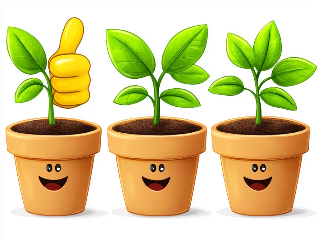 Three potted plants with seedlings. Smiley face on container. One planter has a thumbs up next to it.