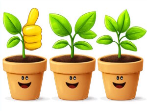 Three potted plants with seedlings. Smiley face on container. One planter has a thumbs up next to it.