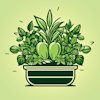 Graphic representing a container garden with a bountiful arrangement of herbs and vegetables.